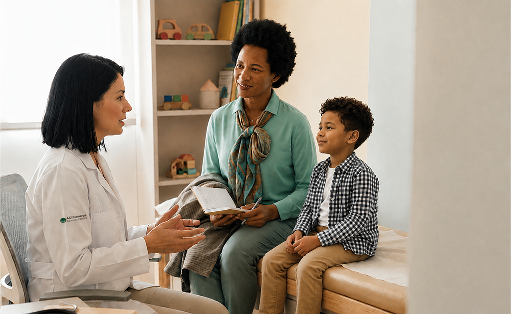 Pediatra conversando com uma mãe que consulta anotações em um caderno, com a criança sentada tranquila na maca ao lado.