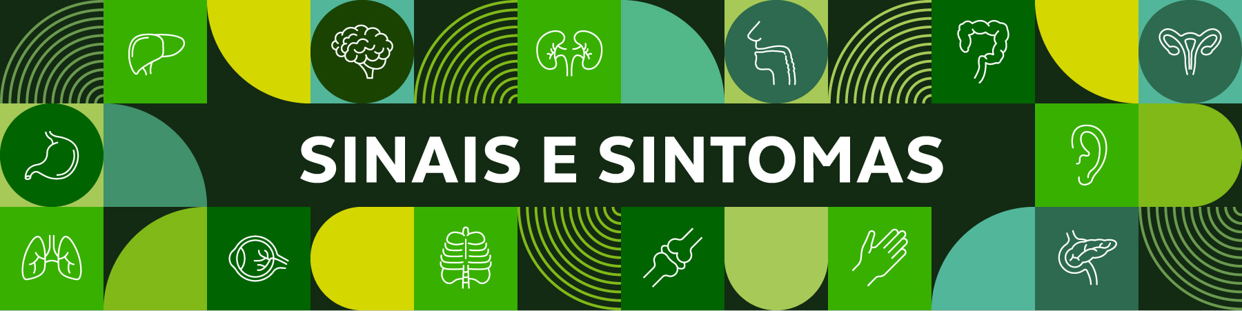Mosaico de ícones com o texto "sinais e sintomas"