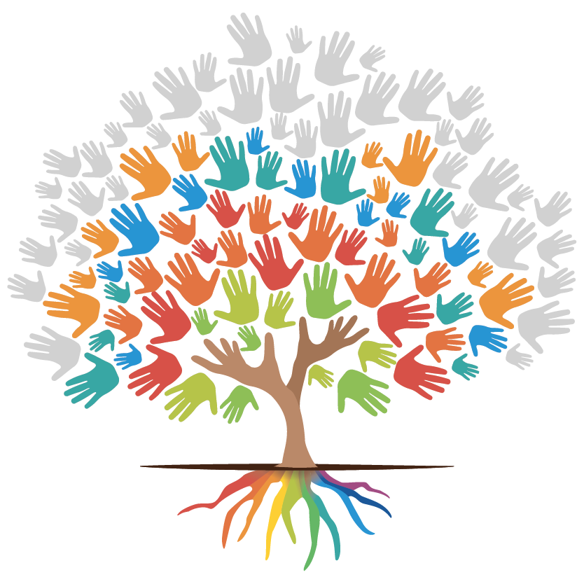 Logomarca do Dia Internacional do Câncer na Infância: é uma árvore desenhada a partir de mãos que imitam as folhas, são mãos nas cores cinza, laranja, azul, vermelha, verde e marrom