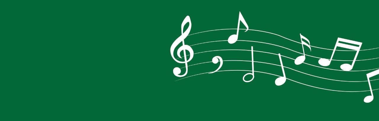 A imagem mostra notas musicais brancas em um fundo verde