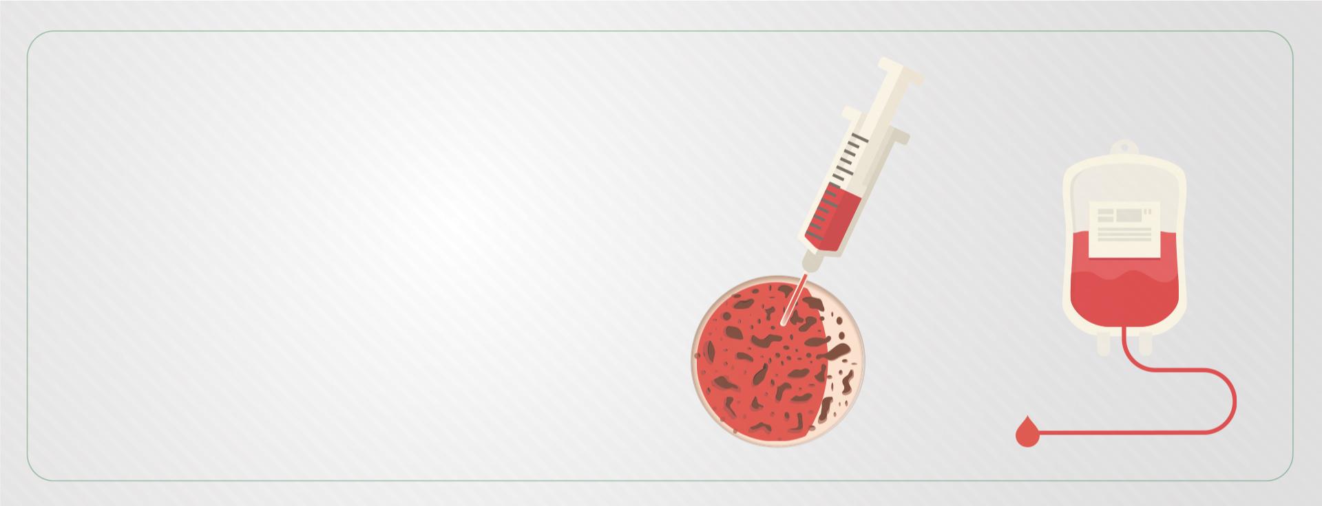 Ilustração com fundo branco e uma bolsa de sangue vermelha, além de uma seringa espetada numa célula vermelha