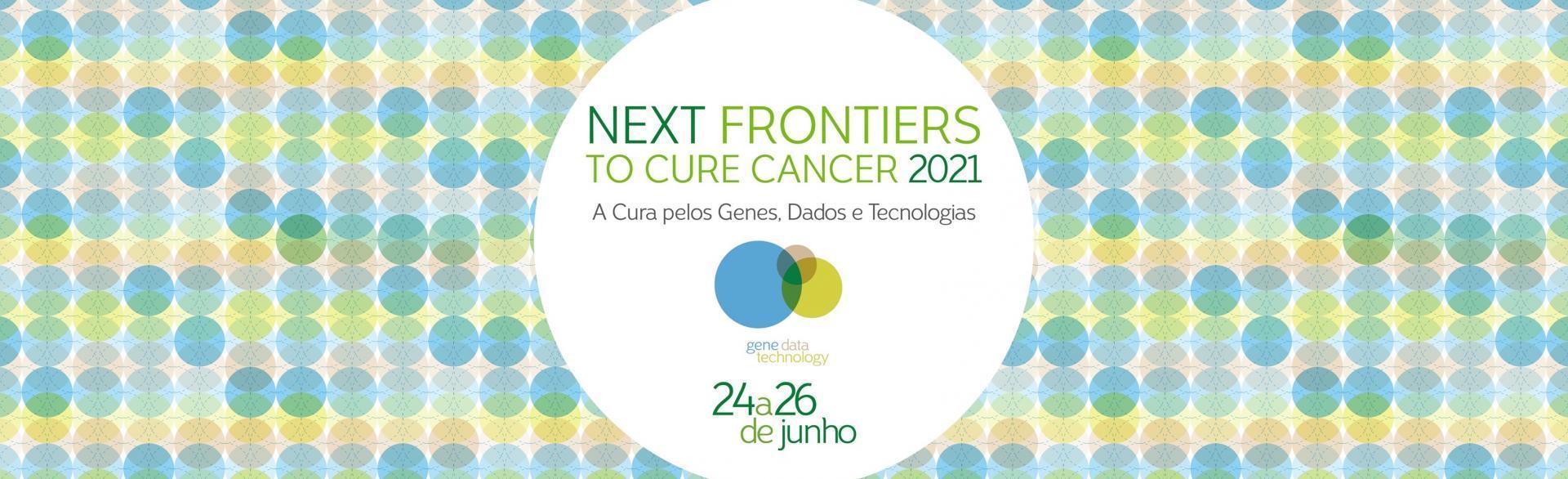 Logo Next Frontiers to Cure Cancer em branco sob um fundo colorido