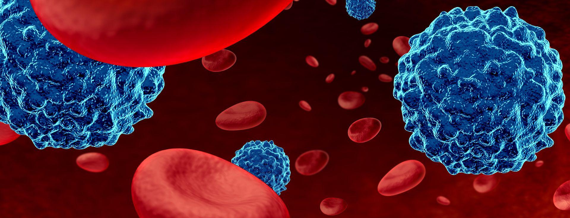 Ilustração células linfoma, arredondadas, azuis e vermelhas 