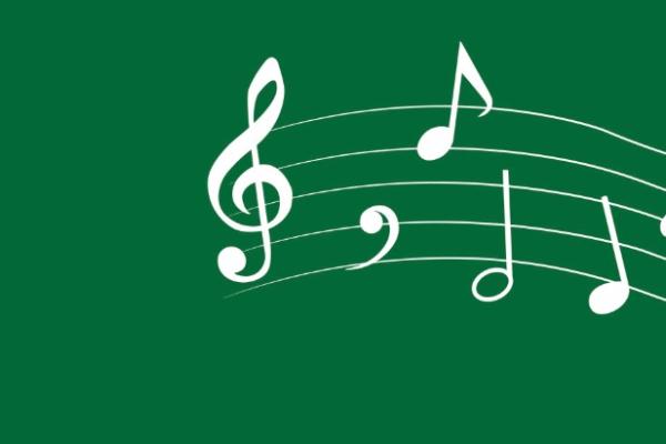 A imagem mostra notas musicais brancas em um fundo verde