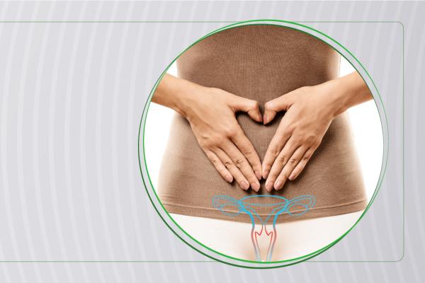 Arte gráfica com uma mulher apoiando as duas mãos na barriga. Sobreposto, tem um desenho do sistema reprodutor feminino.