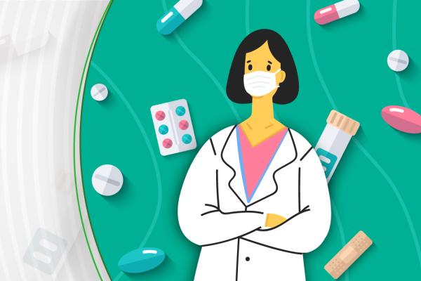 Arte gráfica de uma farmacêutica com imagens gráficas de comprimidos e remédios sob um fundo verde azulado e branco.