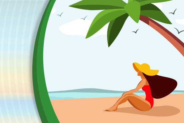 Ilustração de uma mulher na praia, de maiô, vendo o mar