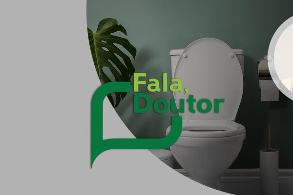 Doutor Daniel Garcia, branco, 35 anos, cabelo castanho curto, óculos e jaleco; por trás, uma imagem de uma mulher quebrando um cigarro. Atrás, a foto de um vaso sanitário 