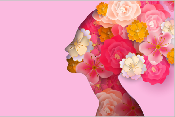 Arte gráfica em fundo rosa claro com a silhueta do rosto de uma mulher sob flores.