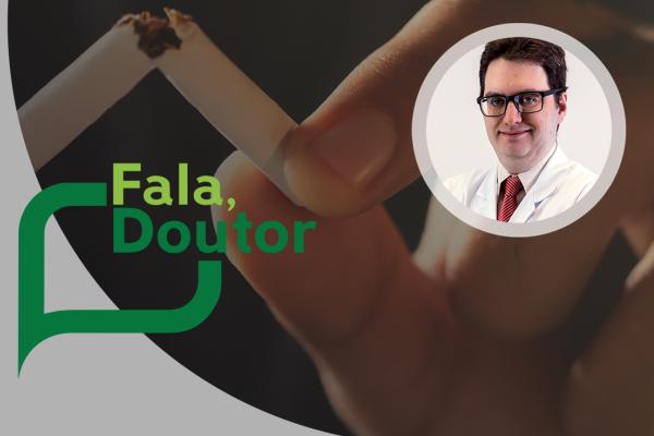 Doutor Daniel Garcia, branco, 35 anos, cabelo castanho curto, óculos e jaleco; por trás, uma imagem de uma mulher quebrando um cigarro