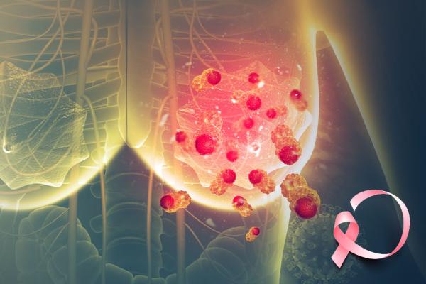 Ilustração de mama bege com o laço da campanha outubro rosa
