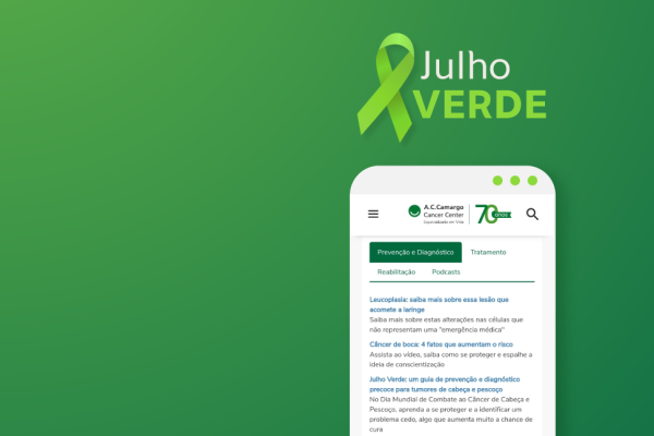 fundo verde com o laço verde escrito julho verde, mais uma tela de celular com conteúdo sobre julho verde