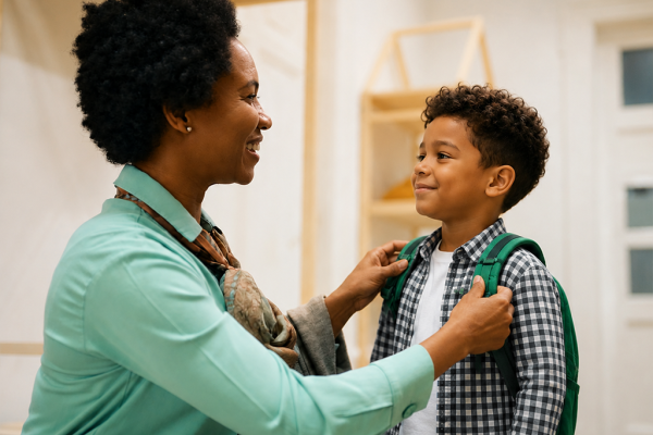 Mãe agachada na altura do filho, ajustando a roupa dele antes da escola e observando o rosto da criança com atenção.