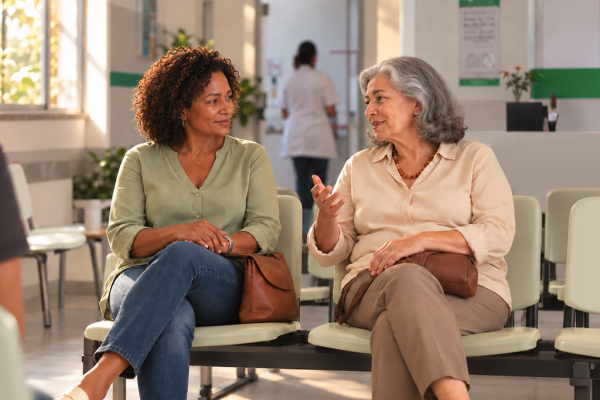 Duas mulheres de idades diferentes conversam na sala de espera de uma unidade de saúde
