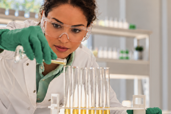 Pesquisadora manuseia amostras em laboratório de biologia molecular