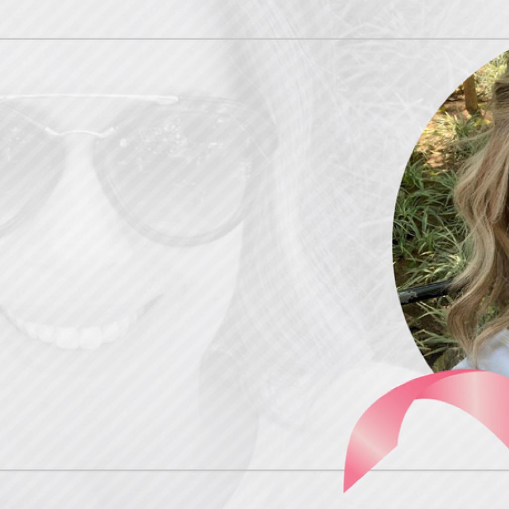 Foto em recorte redondo da paciente Fernanda em um layout transparente, com a mesma foto da paciente ao fundo, e um laço rosa do lado inferior direito. 