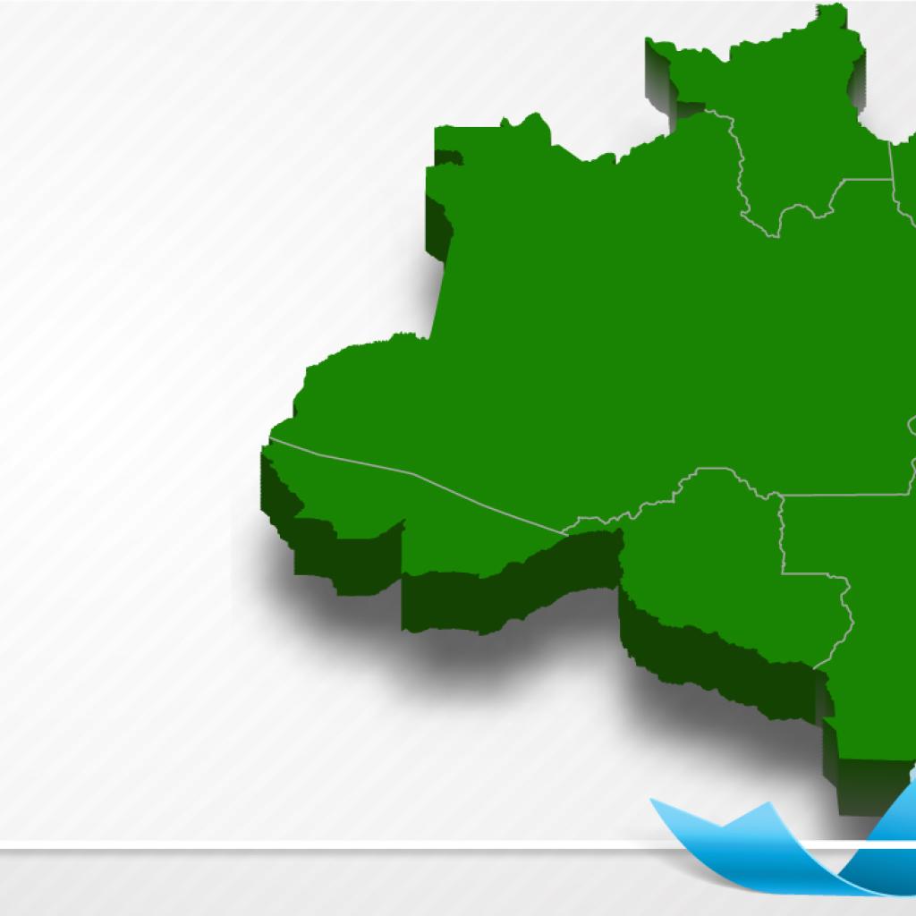 Mapa do Brasil à direita, com foco na região Amazônica, em verde. Acima, um laço azul.