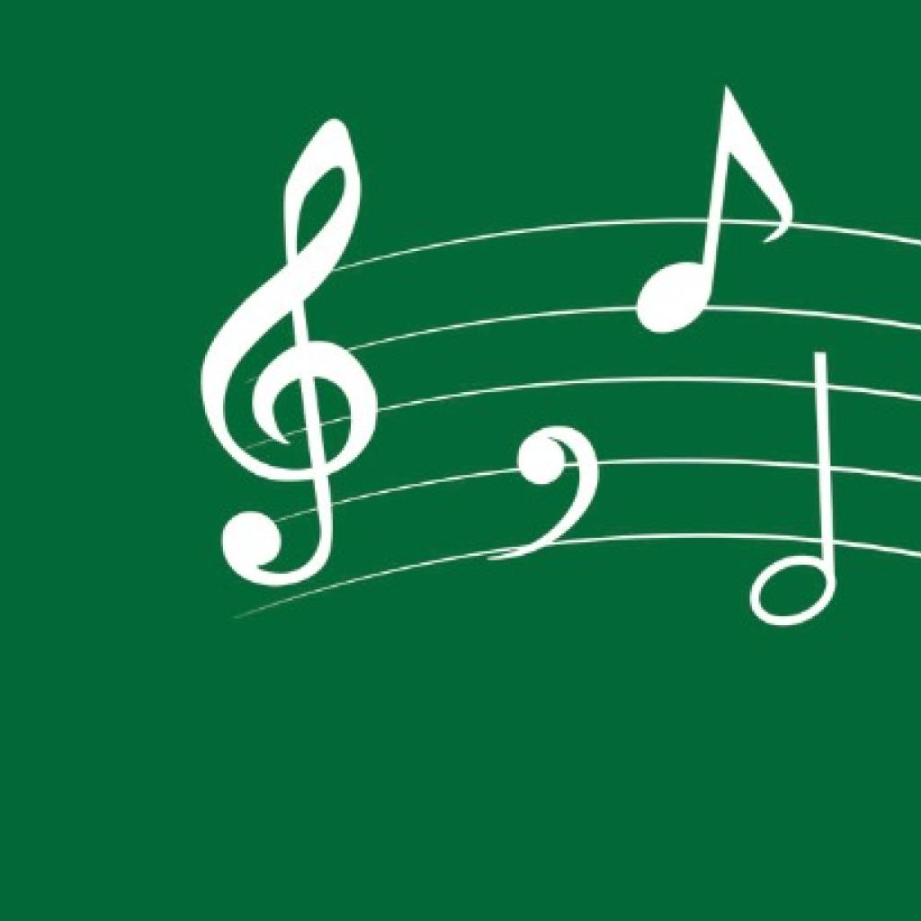 A imagem mostra notas musicais brancas em um fundo verde