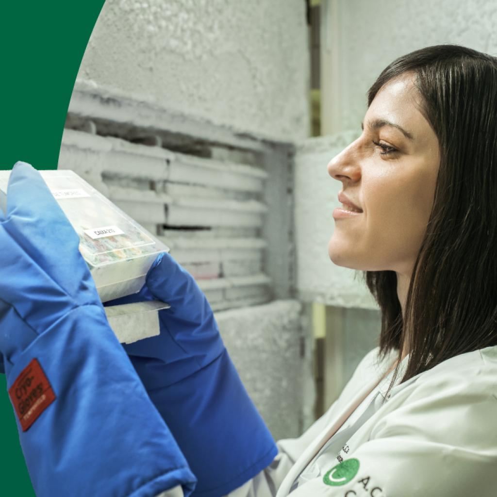 Dra. Marina DeBrot observa amostras congeladas no biobanco