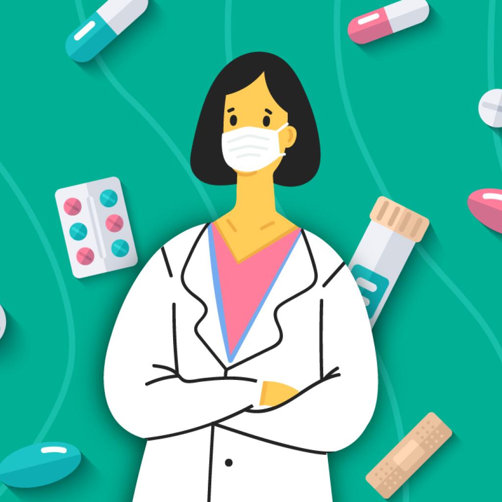 Arte gráfica de uma farmacêutica com imagens gráficas de comprimidos e remédios sob um fundo verde azulado e branco.