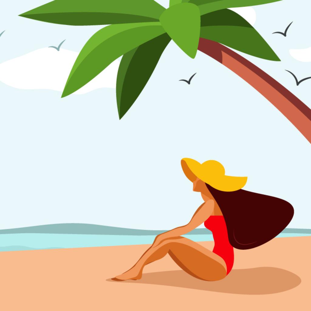 Ilustração de uma mulher na praia, de maiô, vendo o mar
