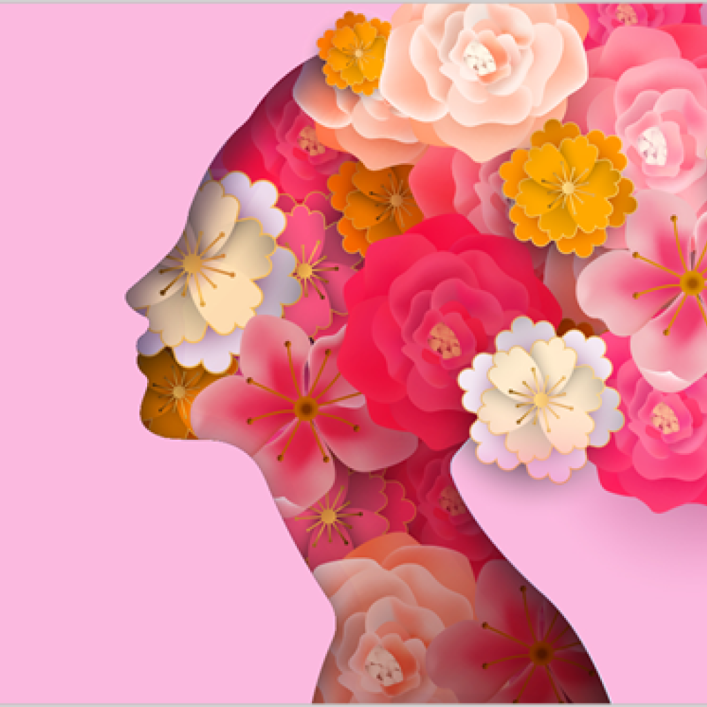 Arte gráfica em fundo rosa claro com a silhueta do rosto de uma mulher sob flores.
