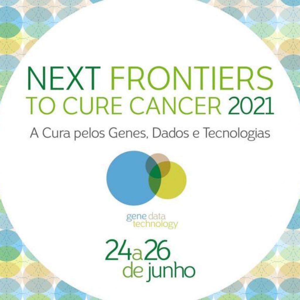 Logo Next Frontiers to Cure Cancer em branco sob um fundo colorido