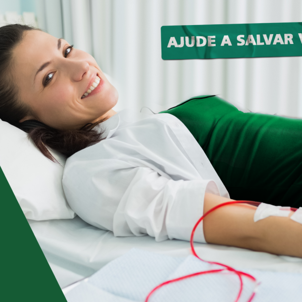 Mulher branca deitada, ela sorri e está doando sangue. Acima dela, uma caixa de texto escrito: ajude a salvar vidas.