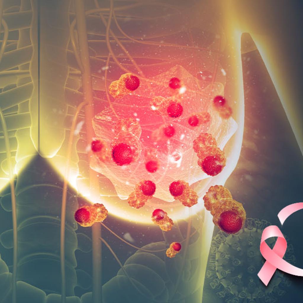 Ilustração de mama bege com o laço da campanha outubro rosa