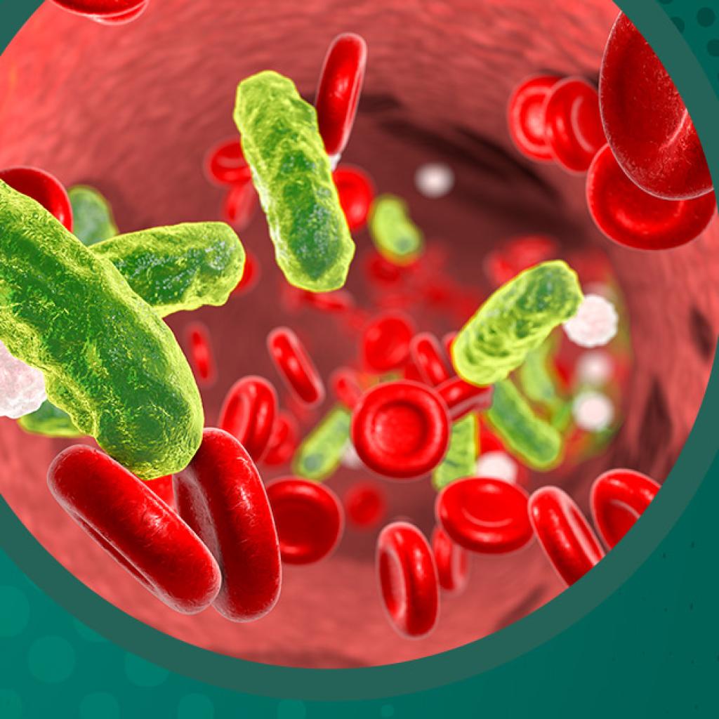 Fundo verde com várias moléculas vermelhas 