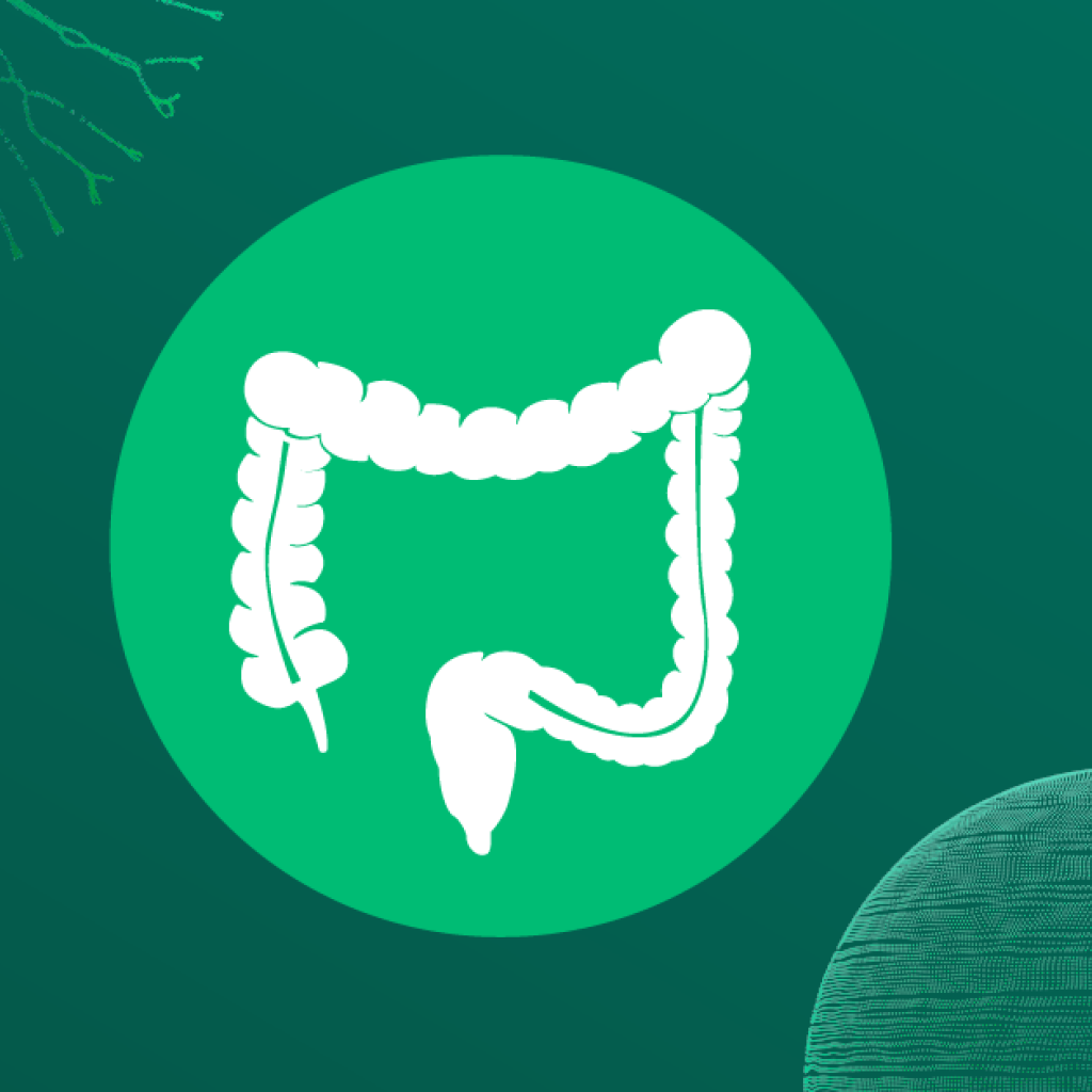 Fundo verde escuro; à direita, um intestino