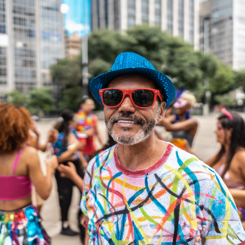 Homem no carnaval, com camisa colorida, chápeu e óculos escuros, sorrindo
