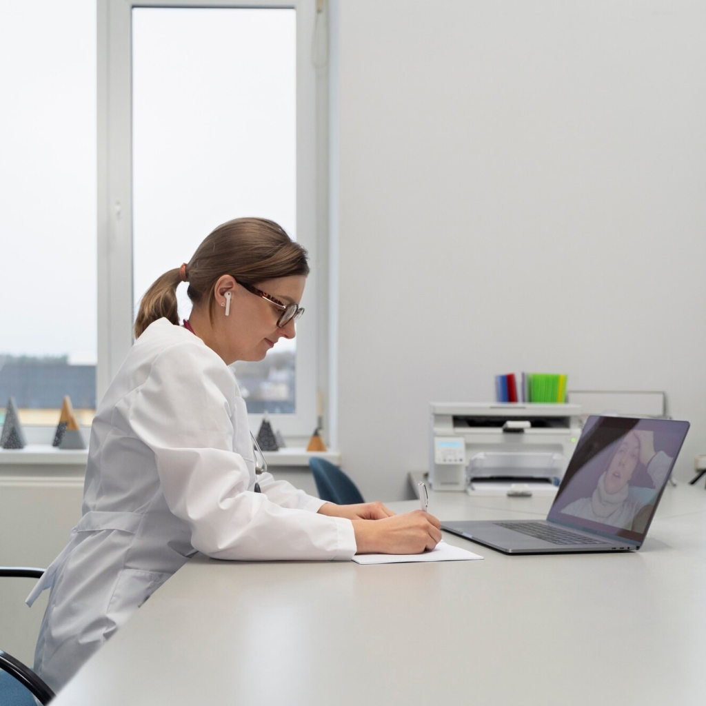Técnica da saúde sentada na mesa do escritório com o Notebook